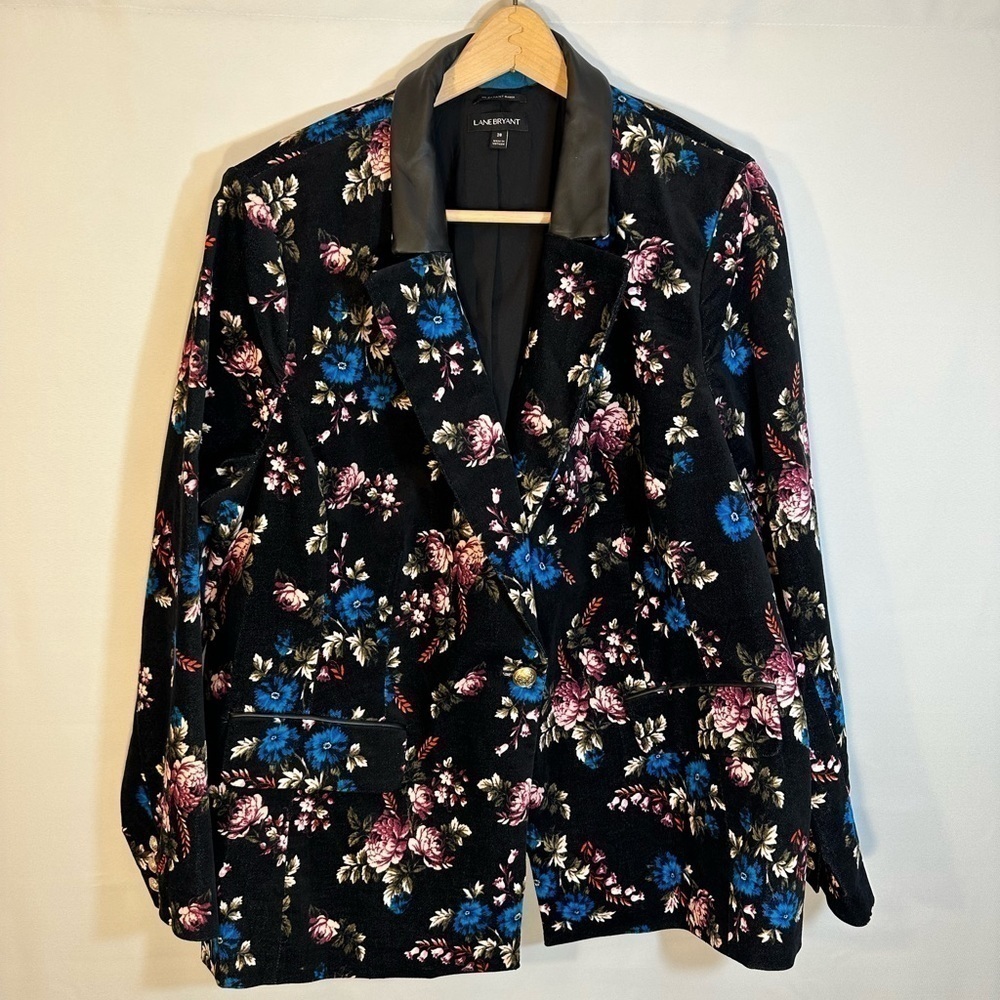 Lane Bryant Womens Size 28 Long Sleeve Black Velvety Blazer Jacket Flowers Lined